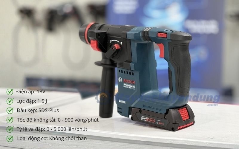 Máy khoan Bosch GBH 18V-18 X làm việc ổn định với nguồn pin 18V