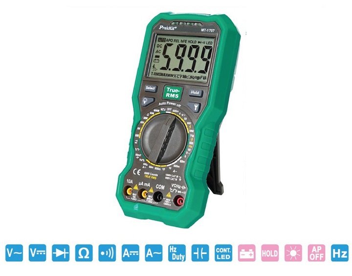 Đồng hồ vạn năng Pro’skit MT-1707 thiết kế đặc biệt TRUE RMS (ACV – ACA) giúp trả lại kết quả đo chính xác