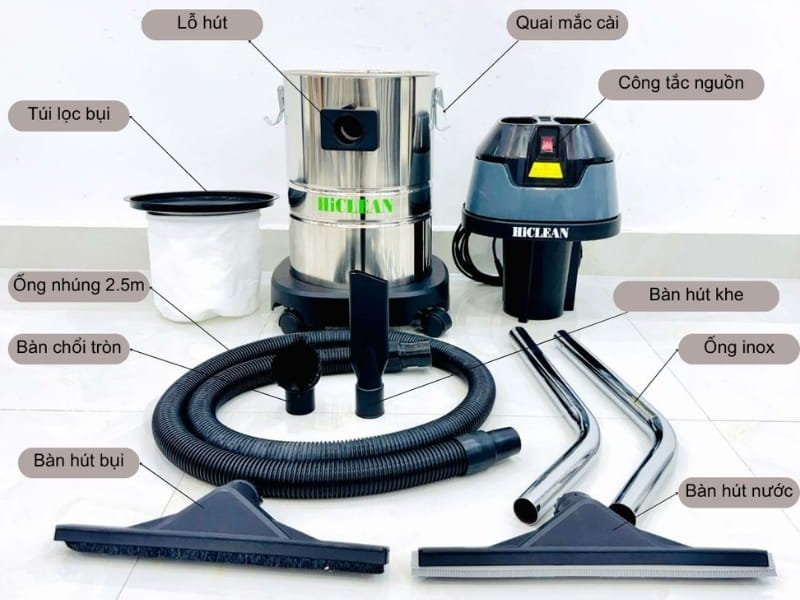 Chi tiết các bộ phận của máy hút bụi công nghiệp HiClean HC30 NEW