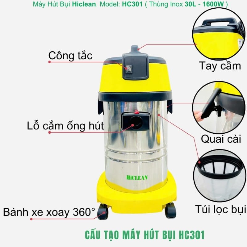 Cấu tạo của máy hút bụi công nghiệp Hiclean HC301