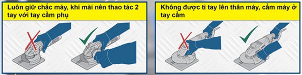 Nên thao tác mài/cắt với máy mài góc bằng cả 2 tay Nên thao tác mài/cắt với máy mài góc bằng cả 2 tay