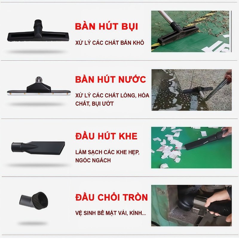 Máy hút bụi công nghiệp Kumisai KMS 802J-3 trang bị đẩy đủ phụ kiện chuyên dụng