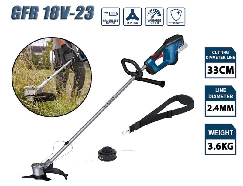 Máy cắt cỏ dùng pin Bosch GFR 18V-23 sử dụng động cơ không chổi than, pin 18V