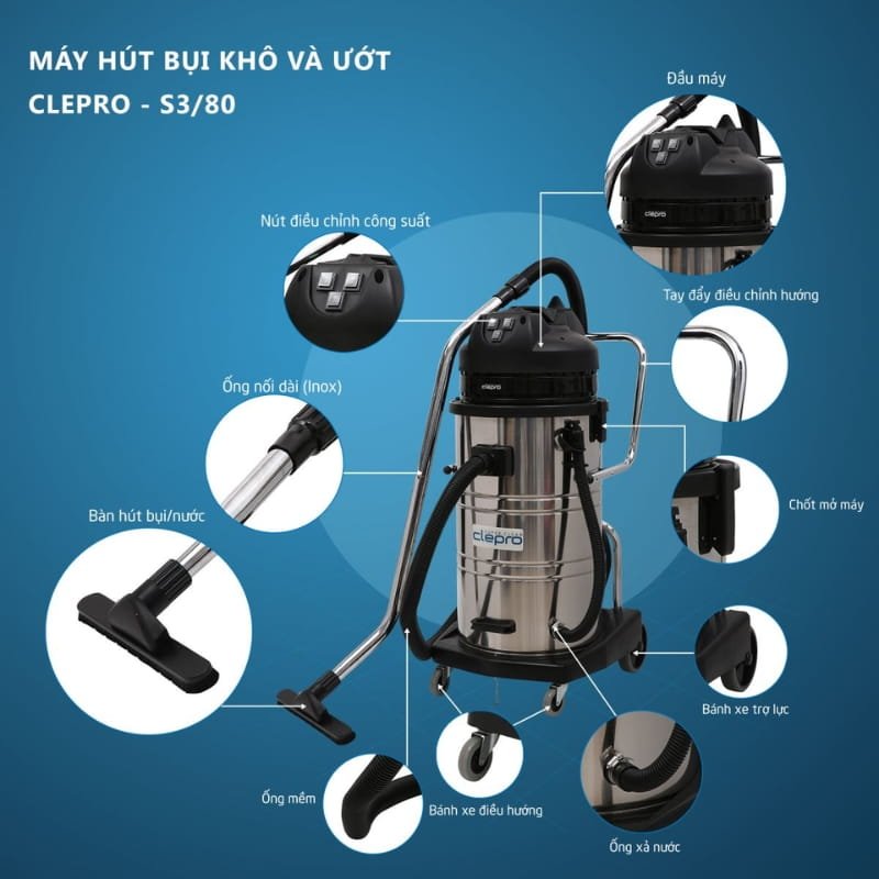 Cấu tạo các bộ phận chính của máy hút bụi Clepro S3/80