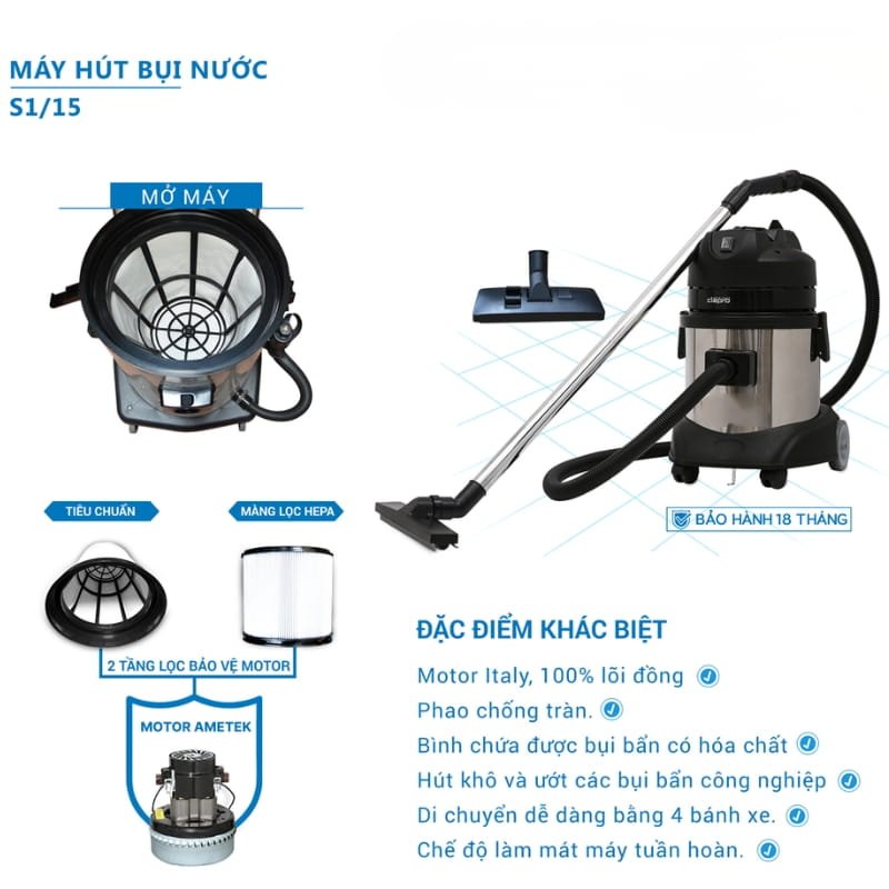 Clepro S1/15 hút khô và ướt hiệu quả với công nghệ Ametek mạnh mẽ