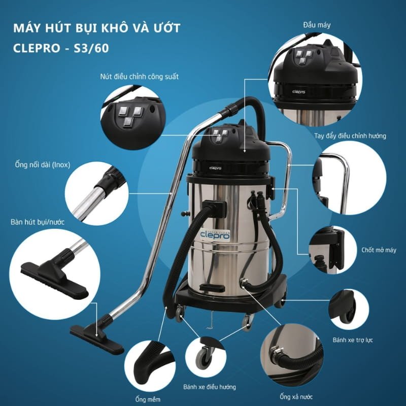 Cấu tạo các bộ phận chính của máy hút bụi Clepro S3/60