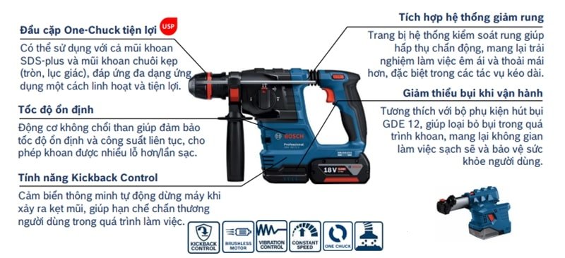 Máy khoan bê tông dùng pin Bosch GBH 18V-22 X có nhiều tính năng hiện đại