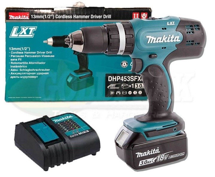 Bộ sản phẩm máy khoan búa và vặn vít dùng pin Makita DHP453SFX8