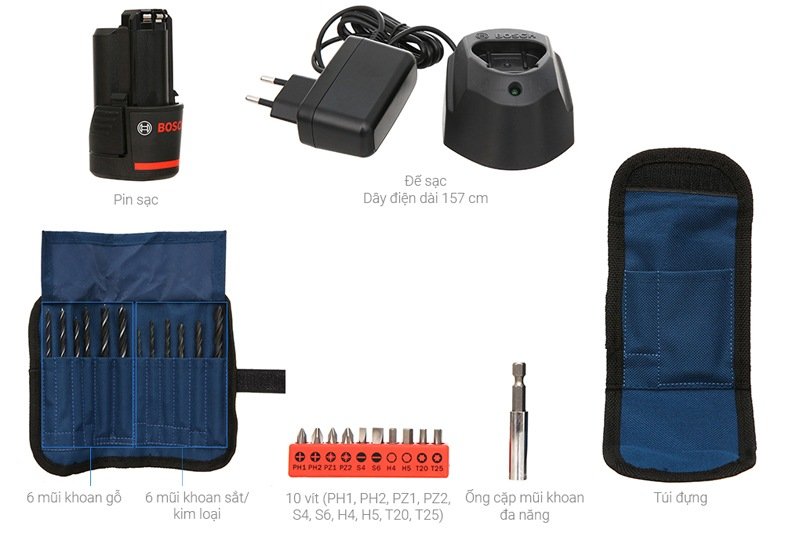 Các phụ kiện đi kèm của máy khoan Bosch GSR 120-LI GEN II Các phụ kiện đi kèm của máy khoan Bosch GSR 120-LI GEN II