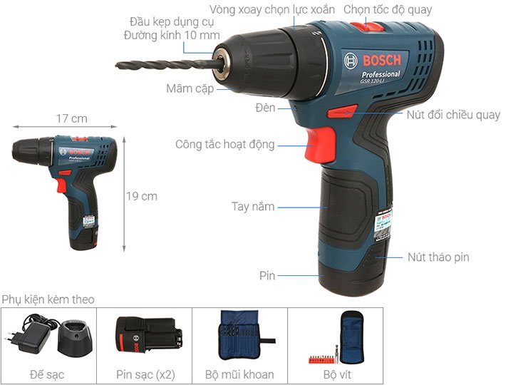 Chi tiết về các bộ phận và phụ kiện máy khoan pin Bosch GSR 120-li GEN II Chi tiết về các bộ phận và phụ kiện máy khoan pin Bosch GSR 120-li GEN II