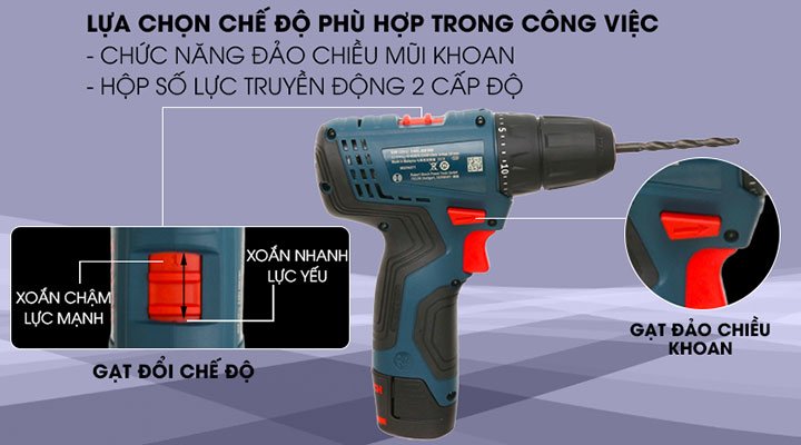 Bosch GSR 120-LI GEN II hoạt động với 2 chế độ khoan/bắt vít Bosch GSR 120-LI GEN II hoạt động với 2 chế độ khoan/bắt vít