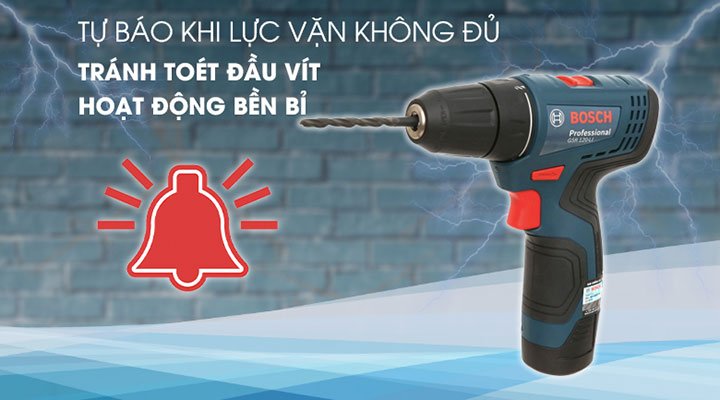 Bosch GSR 120-li gen 2 tự động cảnh bảo nếu lực khoan không đủ Bosch GSR 120-li gen 2 tự động cảnh bảo nếu lực khoan không đủ