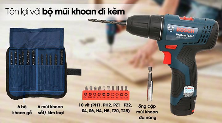Máy khoan pin Bosch GSR 120-li Gen ii trang bị nhiều mũi khoan/bắt vít khác nhau Máy khoan pin Bosch GSR 120-li Gen ii trang bị nhiều mũi khoan/bắt vít khác nhau
