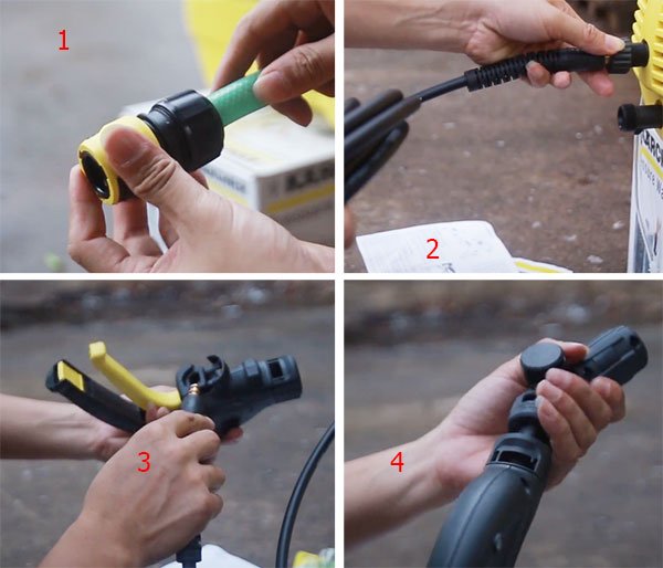 Cách lắp đặt máy xịt rửa điều hòa Karcher khá đơn giản, trình tự như hình Cách lắp đặt máy xịt rửa điều hòa Karcher khá đơn giản, trình tự như hình