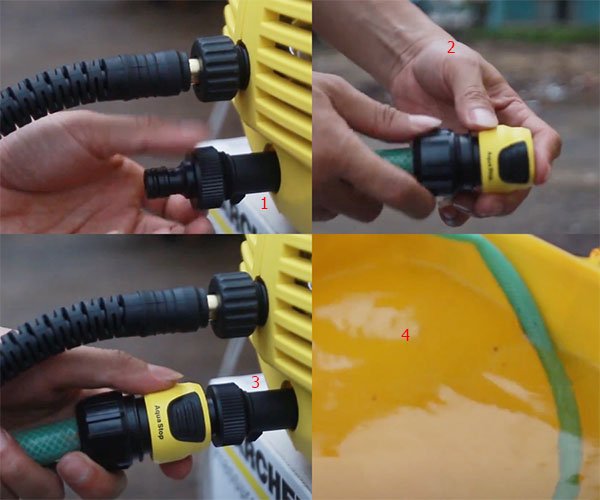 Cách lắp đặt máy xịt rửa điều hòa Karcher khá đơn giản, trình tự như hình Cách lắp đặt máy xịt rửa điều hòa Karcher khá đơn giản, trình tự như hình