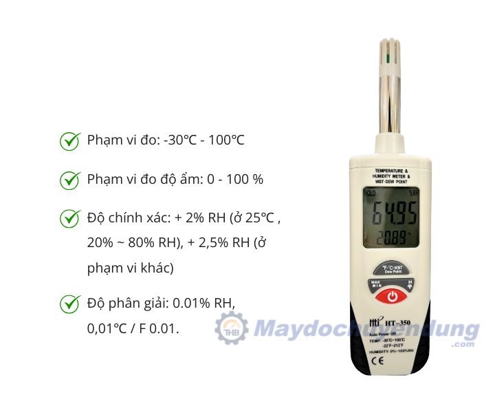 Nhiệt ẩm kế HT-350 hỗ trợ dải đo -30 - 100°C