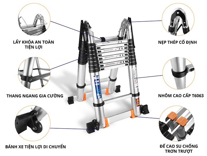 Chi tiết nổi bật trên thang nhôm rút đôi Chi tiết nổi bật trên thang nhôm rút đôi