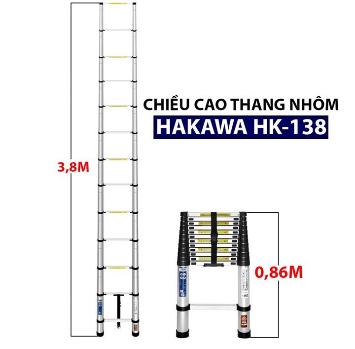 Chiều cao của Thang nhôm rút đơn Hakawa HK138 Chiều cao của Thang nhôm rút đơn Hakawa HK138