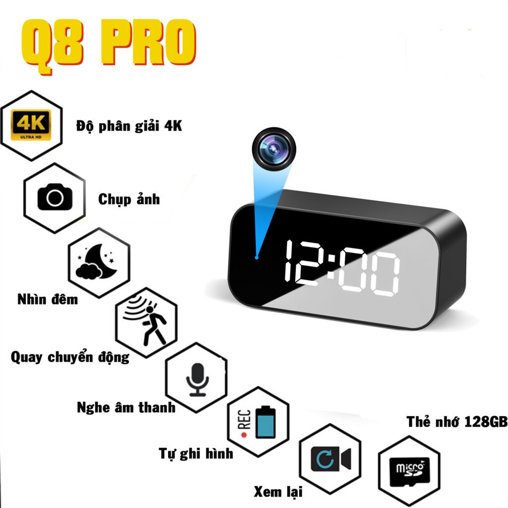 Camera Đồng Hồ Đặt Bàn Q8 Pro 4K - Âm thanh Rõ nét - Hồng ngoại ẩn 10m.